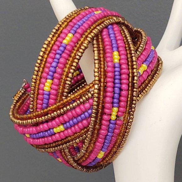 Jewelry - Purple, pink, yellow and metallic seed bead cuff